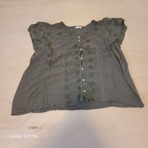 Maurices Women's Olive Green Eyelet Button Front Blouse Top Plus Size 1X Pre-Own
